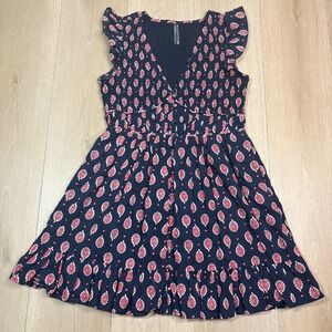 Anthropologie Navy Red Medallion Print Ruffle Mini Dress Petite XS Smocked Back